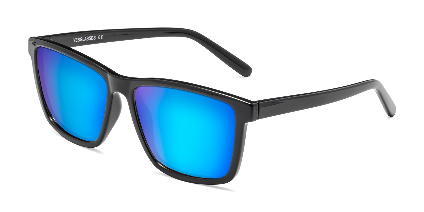Angle of Sheldon in Black with Blue Mirrored Lenses