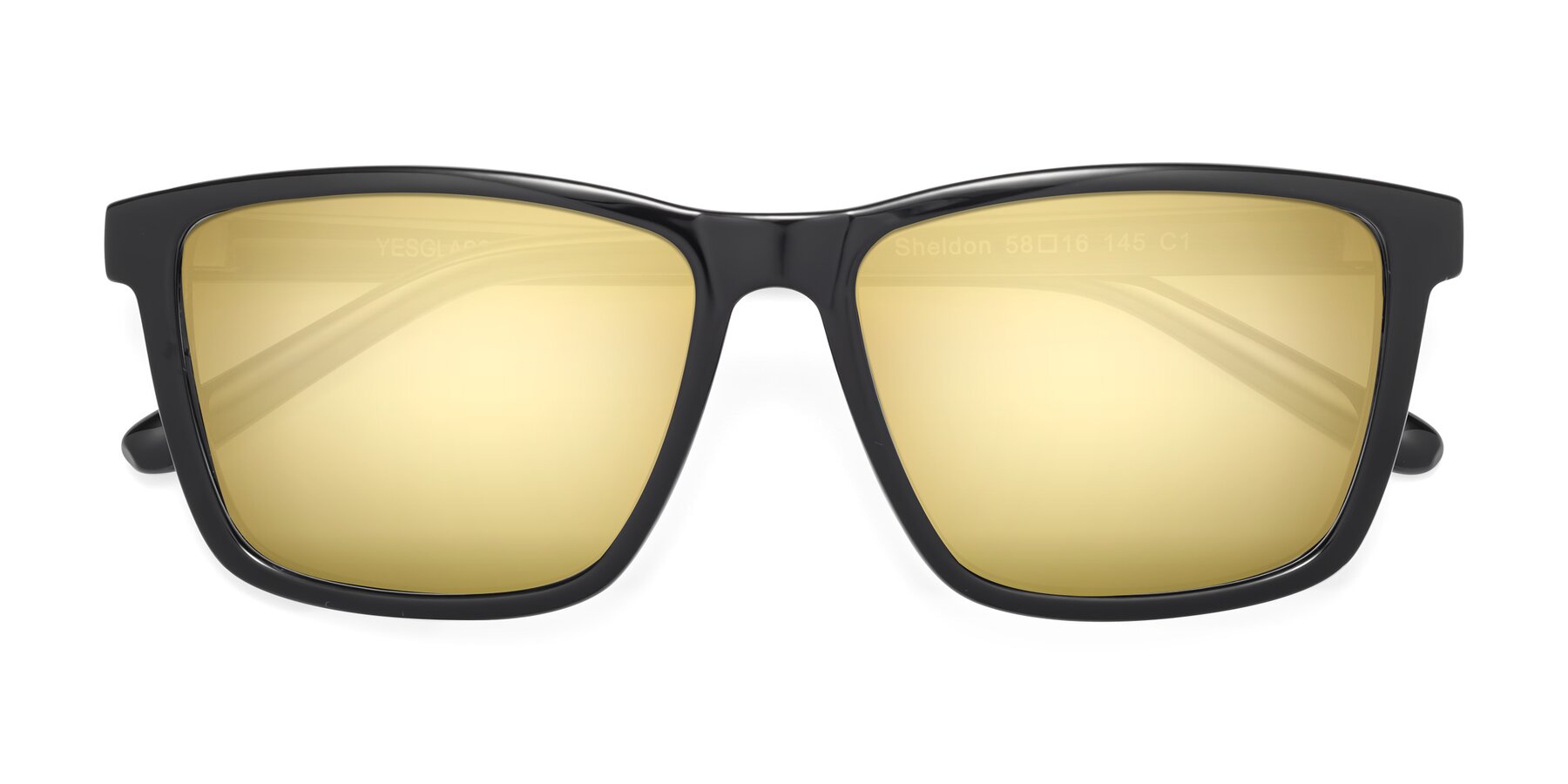 Folded Front of Sheldon in Black with Gold Mirrored Lenses
