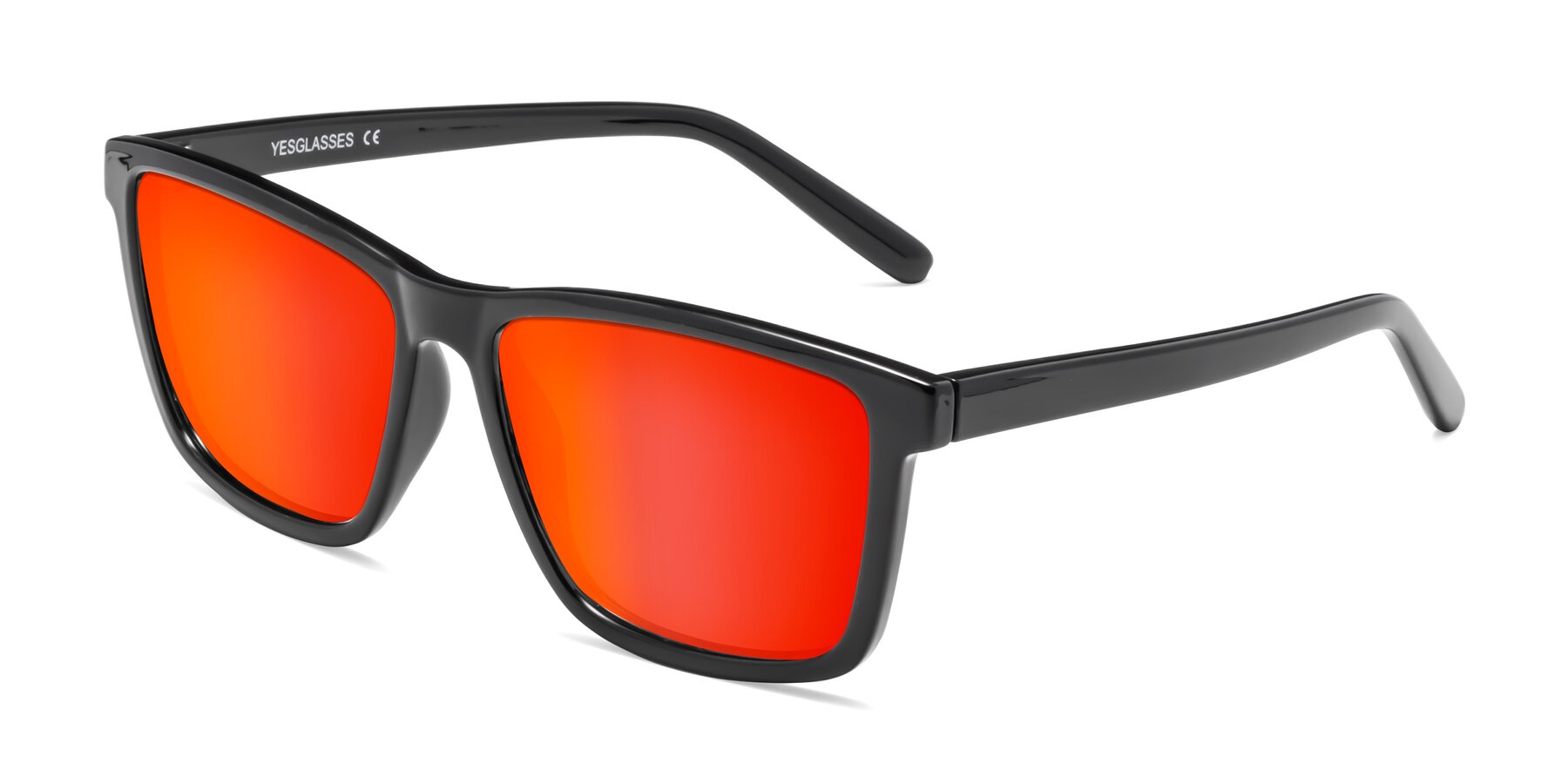 Angle of Sheldon in Black with Red Gold Mirrored Lenses
