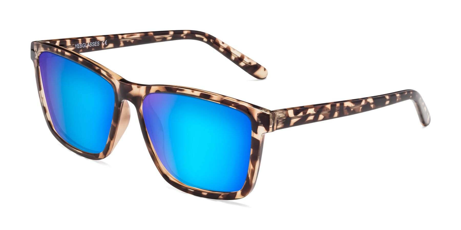 Angle of Sheldon in Tortoise with Blue Mirrored Lenses
