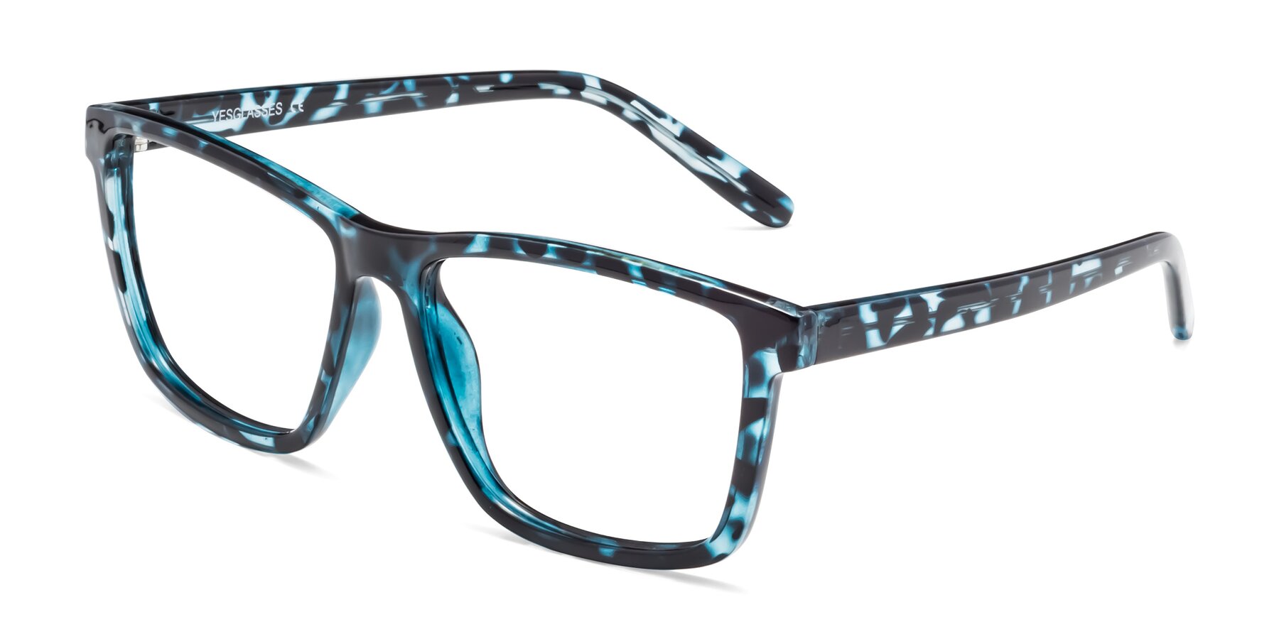 Angle of Sheldon in Blue Tortoise with Clear Eyeglass Lenses