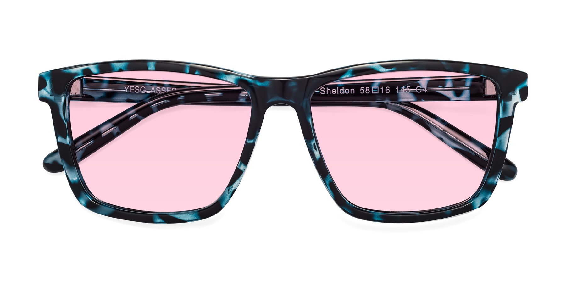 Folded Front of Sheldon in Blue Tortoise with Light Pink Tinted Lenses