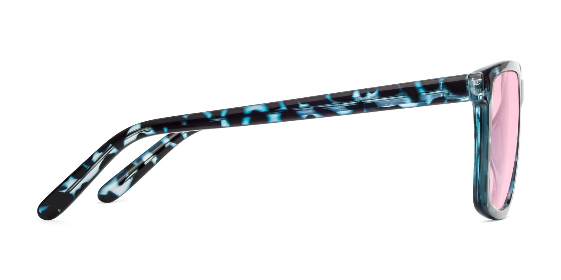 Side of Sheldon in Blue Tortoise with Light Pink Tinted Lenses
