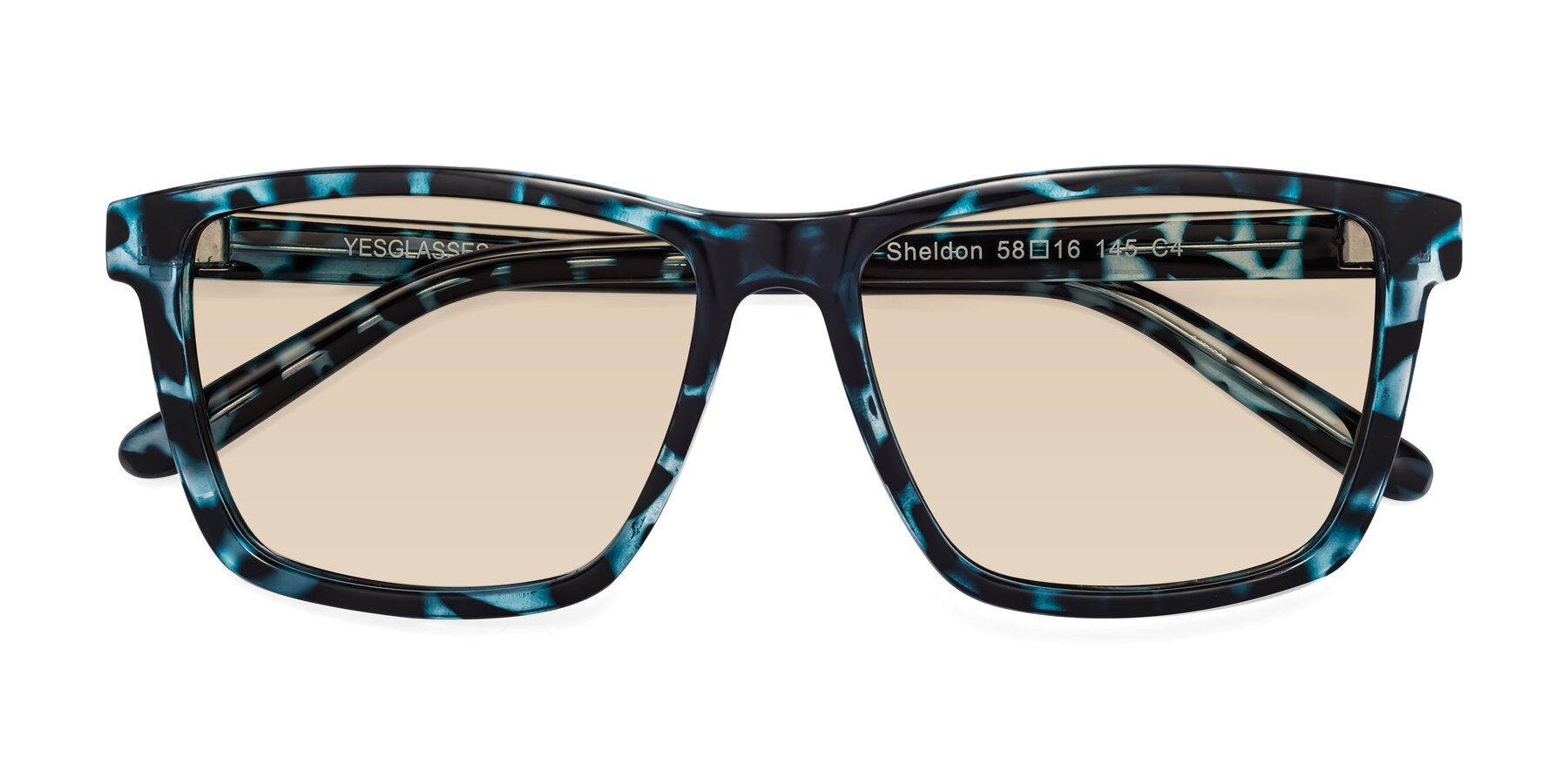 Folded Front of Sheldon in Blue Tortoise with Light Brown Tinted Lenses