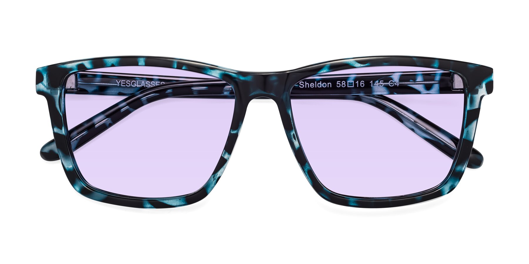 Folded Front of Sheldon in Blue Tortoise with Light Purple Tinted Lenses