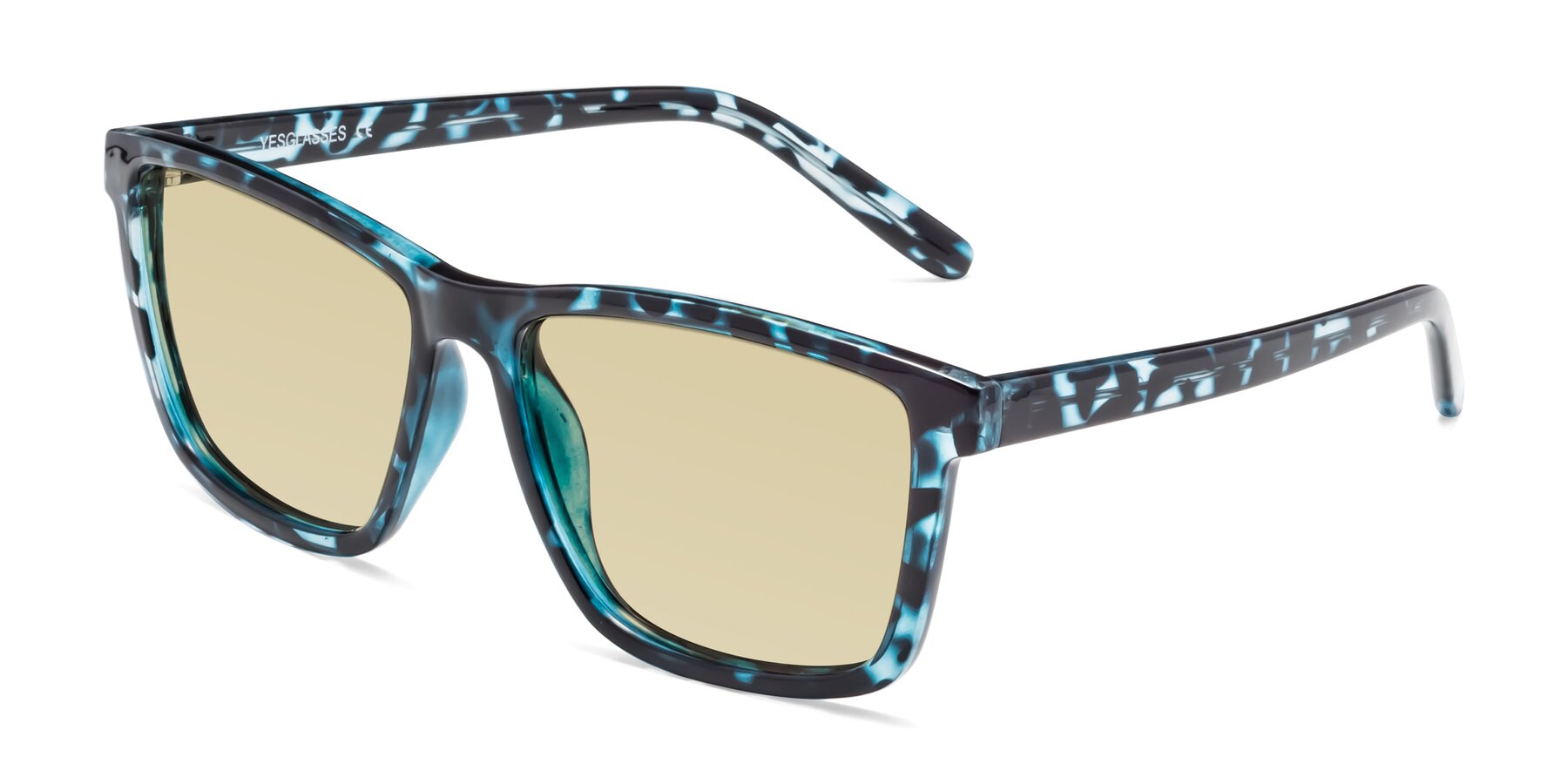 Angle of Sheldon in Blue Tortoise with Light Champagne Tinted Lenses