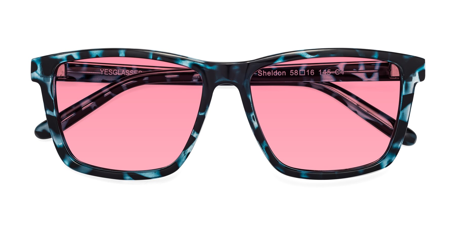 Folded Front of Sheldon in Blue Tortoise with Pink Tinted Lenses