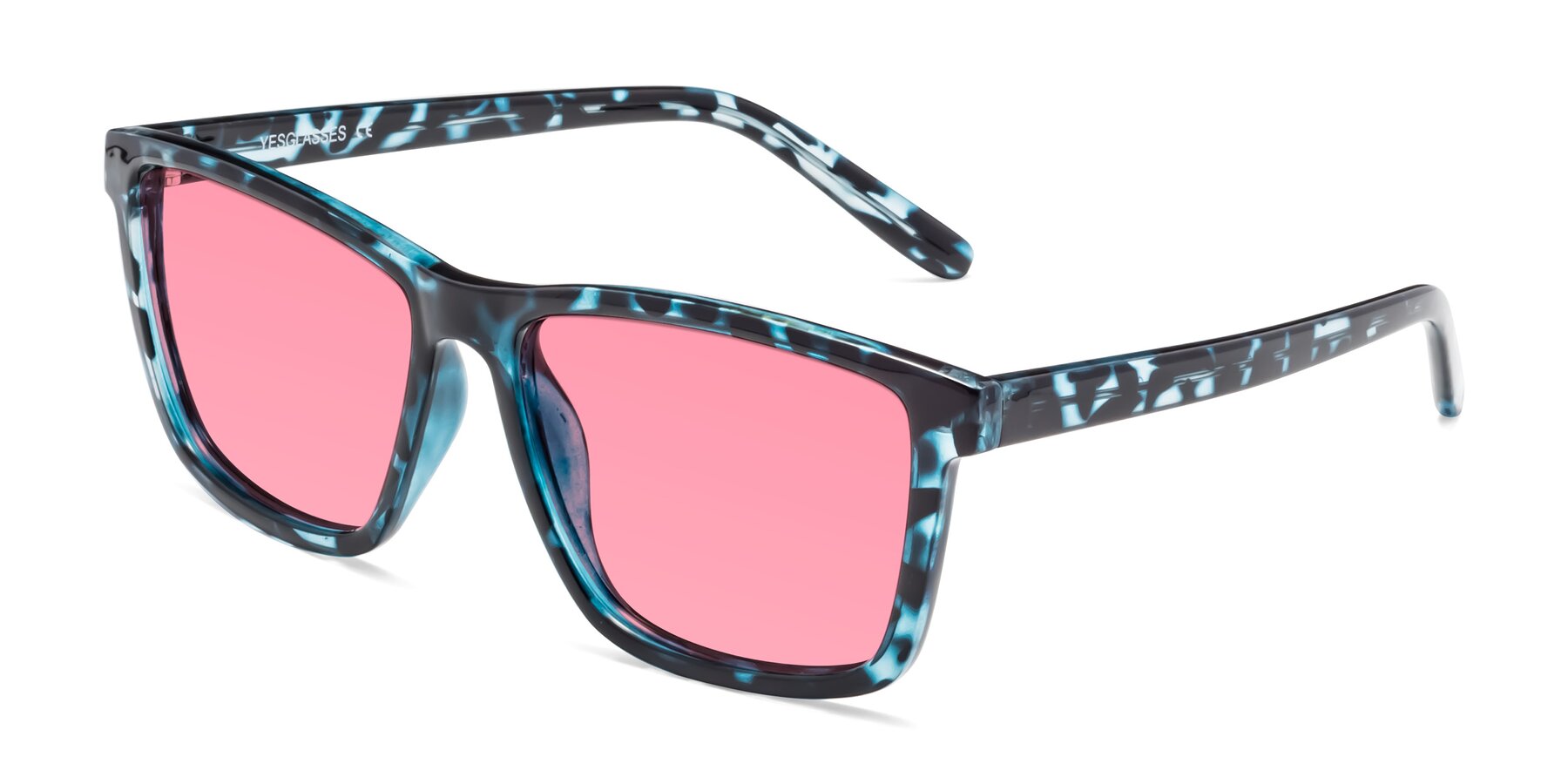 Angle of Sheldon in Blue Tortoise with Pink Tinted Lenses