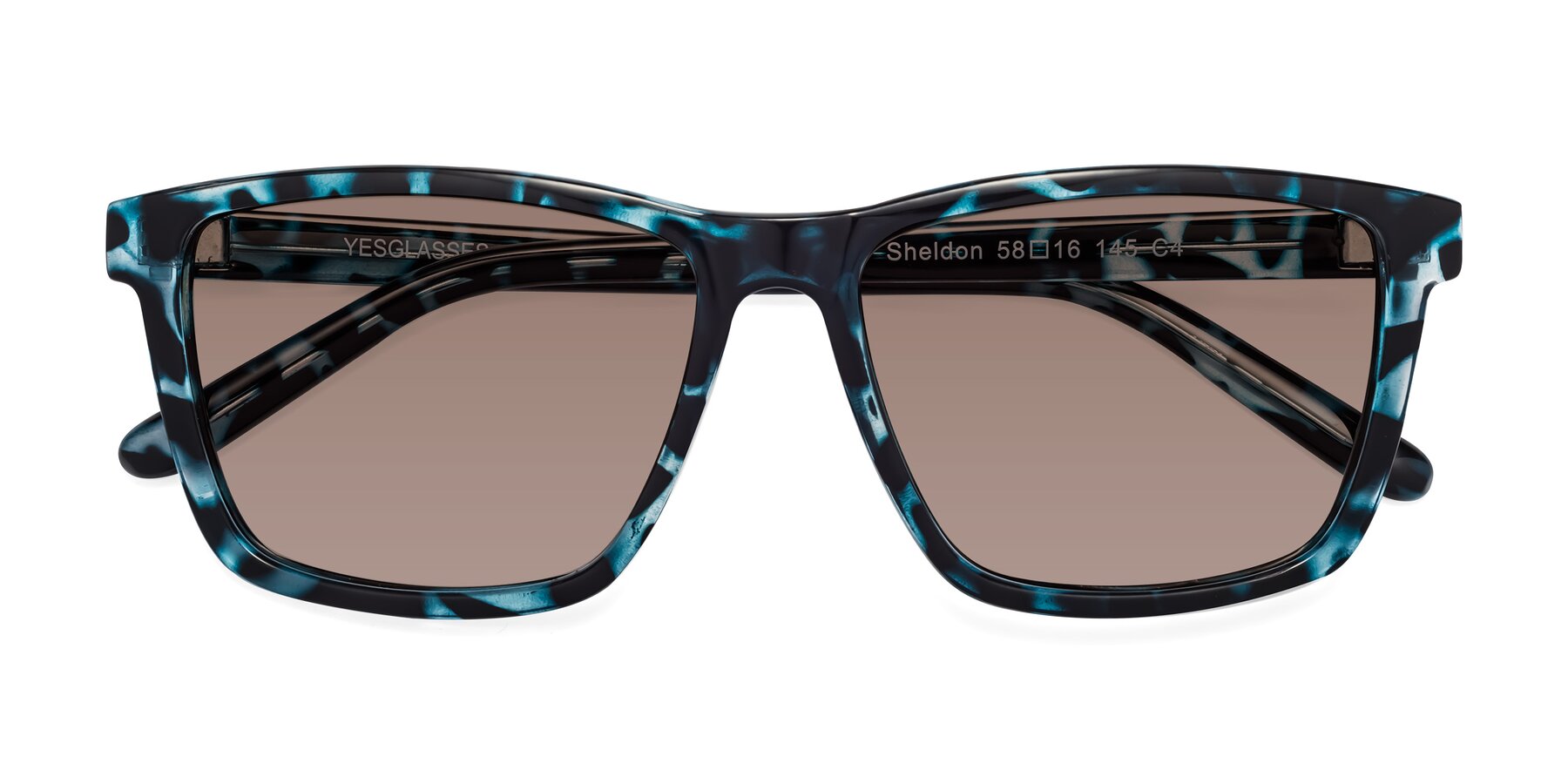 Folded Front of Sheldon in Blue Tortoise with Medium Brown Tinted Lenses