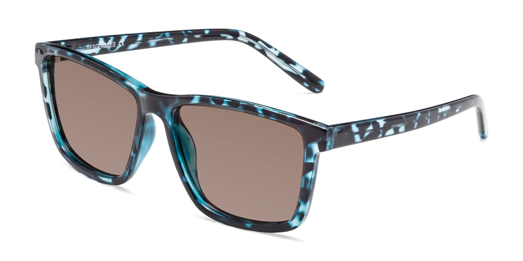 Angle of Sheldon in Blue Tortoise with Medium Brown Tinted Lenses