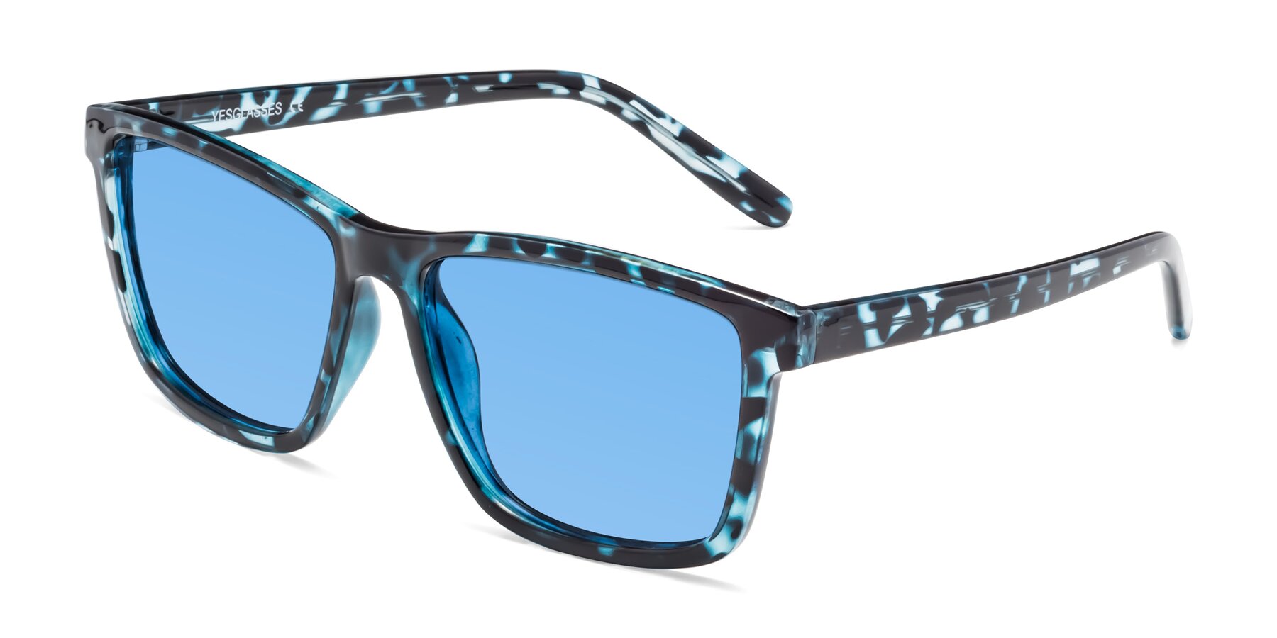 Angle of Sheldon in Blue Tortoise with Medium Blue Tinted Lenses