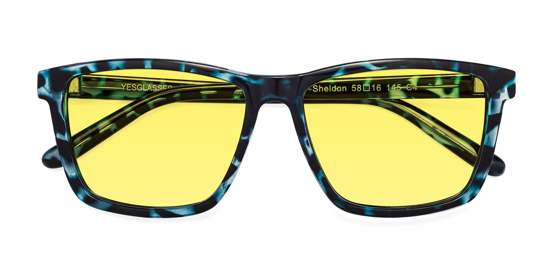 Folded Front of Sheldon in Blue Tortoise with Medium Yellow Tinted Lenses