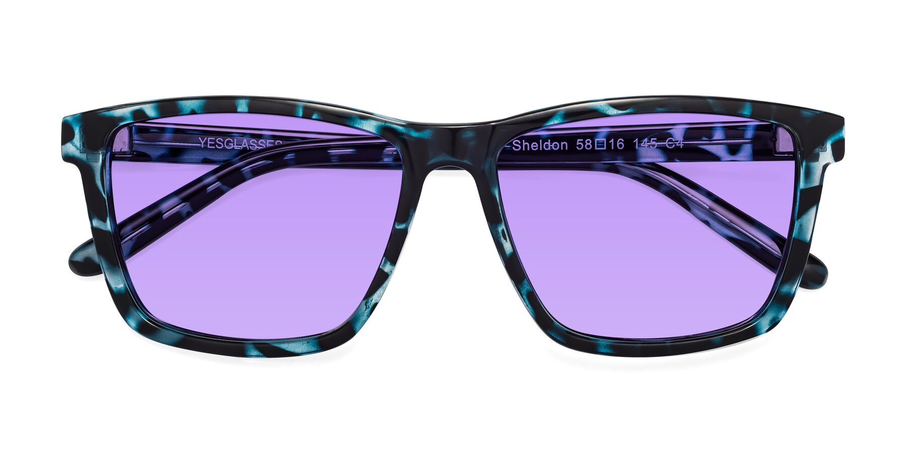 Folded Front of Sheldon in Blue Tortoise with Medium Purple Tinted Lenses