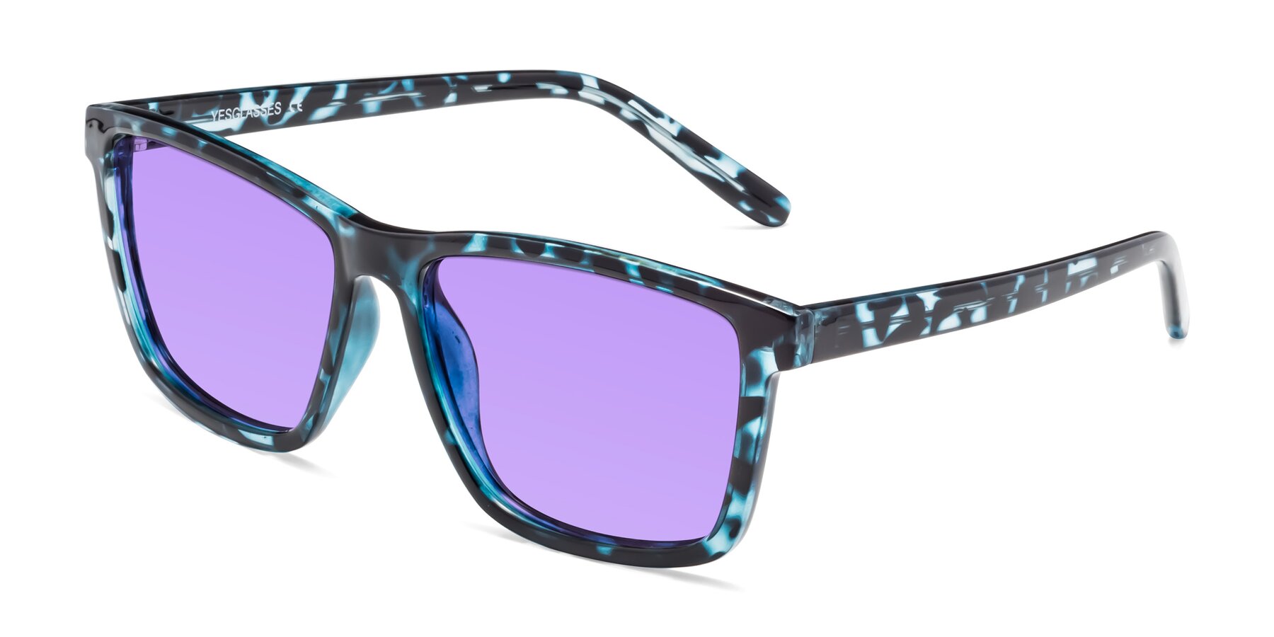 Angle of Sheldon in Blue Tortoise with Medium Purple Tinted Lenses