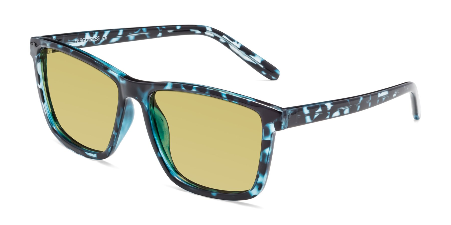 Angle of Sheldon in Blue Tortoise with Medium Champagne Tinted Lenses
