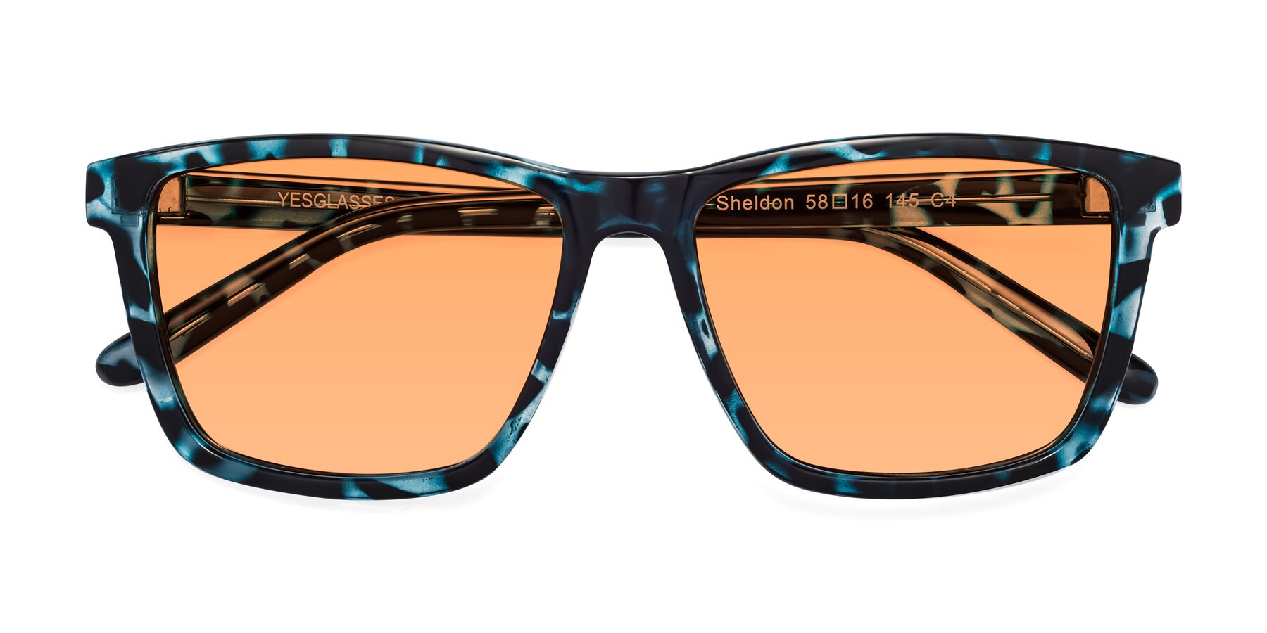 Folded Front of Sheldon in Blue Tortoise with Medium Orange Tinted Lenses
