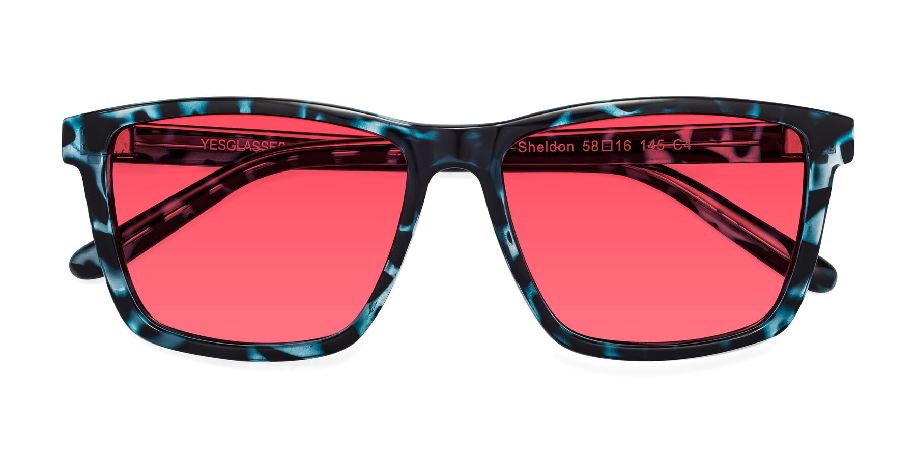 Folded Front of Sheldon in Blue Tortoise with Red Tinted Lenses