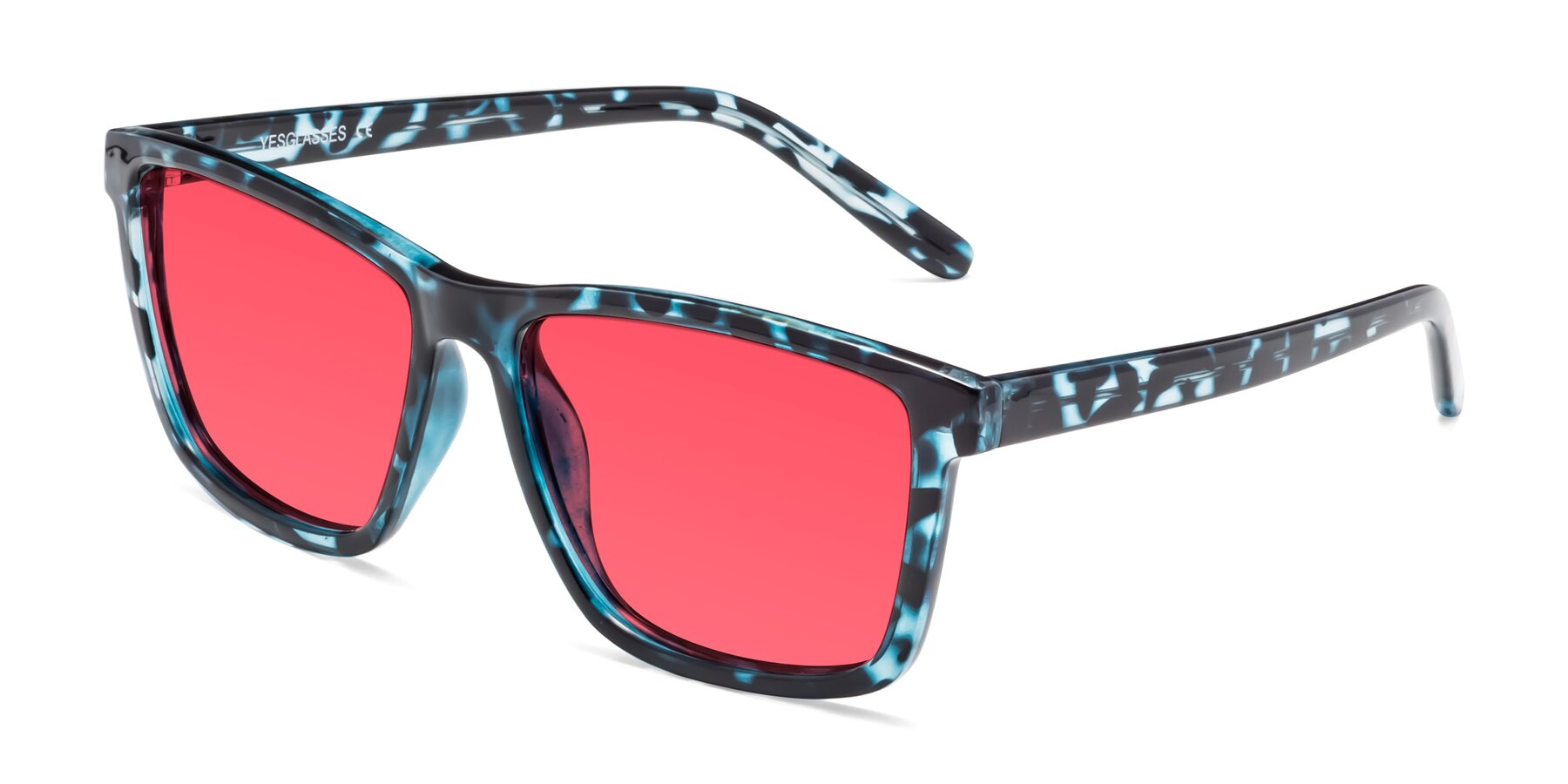 Angle of Sheldon in Blue Tortoise with Red Tinted Lenses