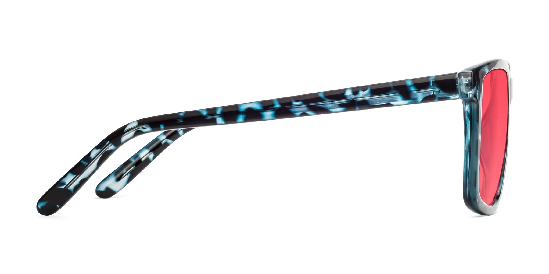 Side of Sheldon in Blue Tortoise with Red Tinted Lenses