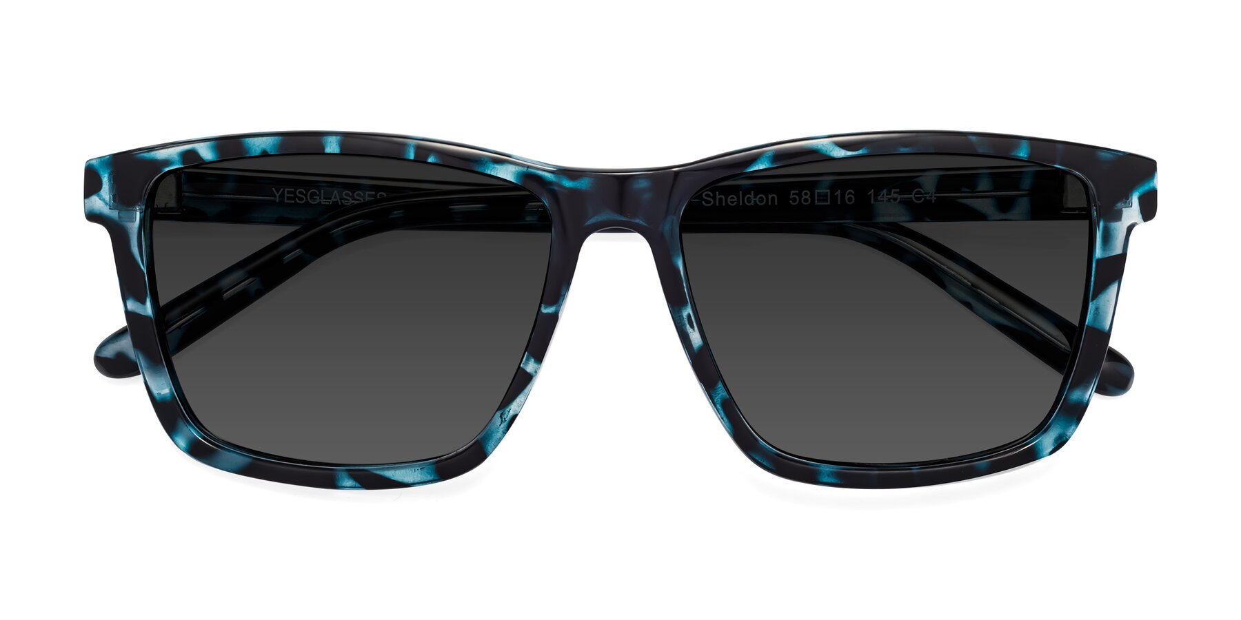Folded Front of Sheldon in Blue Tortoise with Gray Tinted Lenses