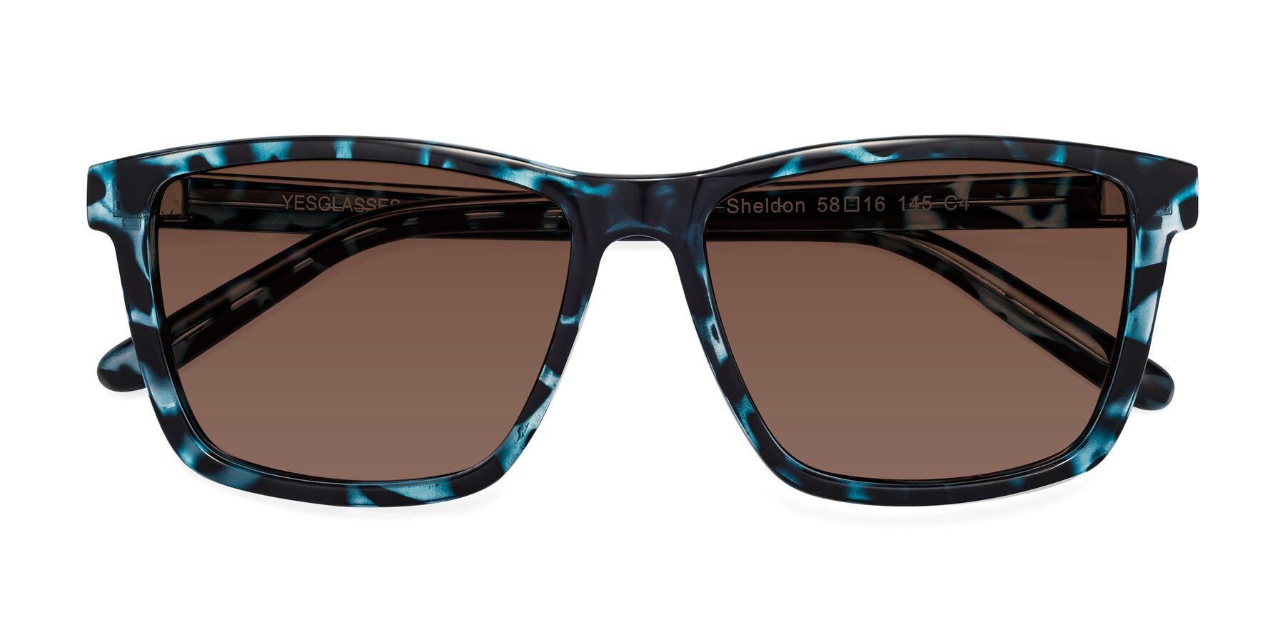 Folded Front of Sheldon in Blue Tortoise with Brown Tinted Lenses