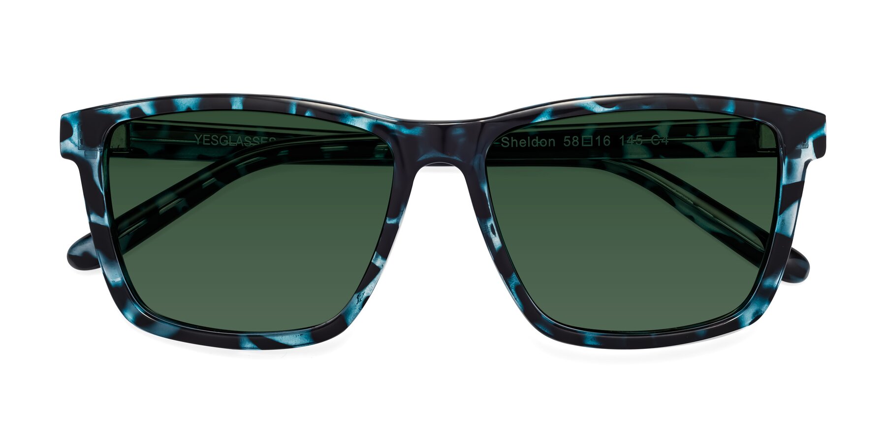 Folded Front of Sheldon in Blue Tortoise with Green Tinted Lenses