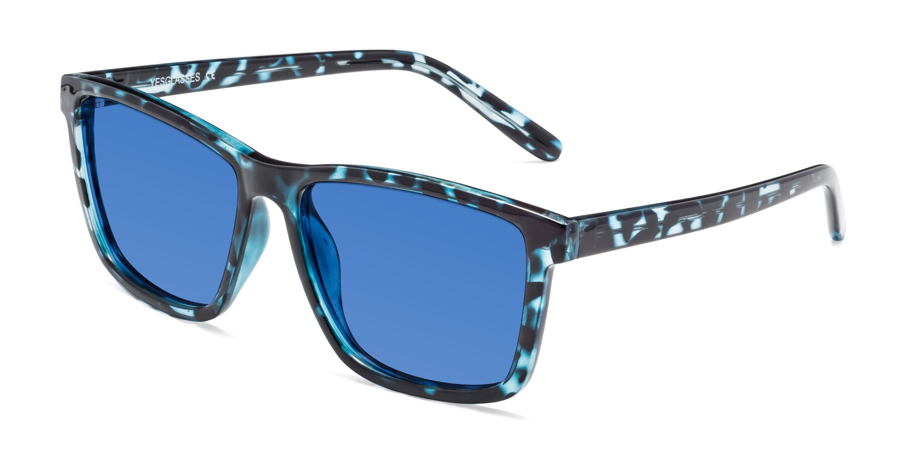 Angle of Sheldon in Blue Tortoise with Blue Tinted Lenses