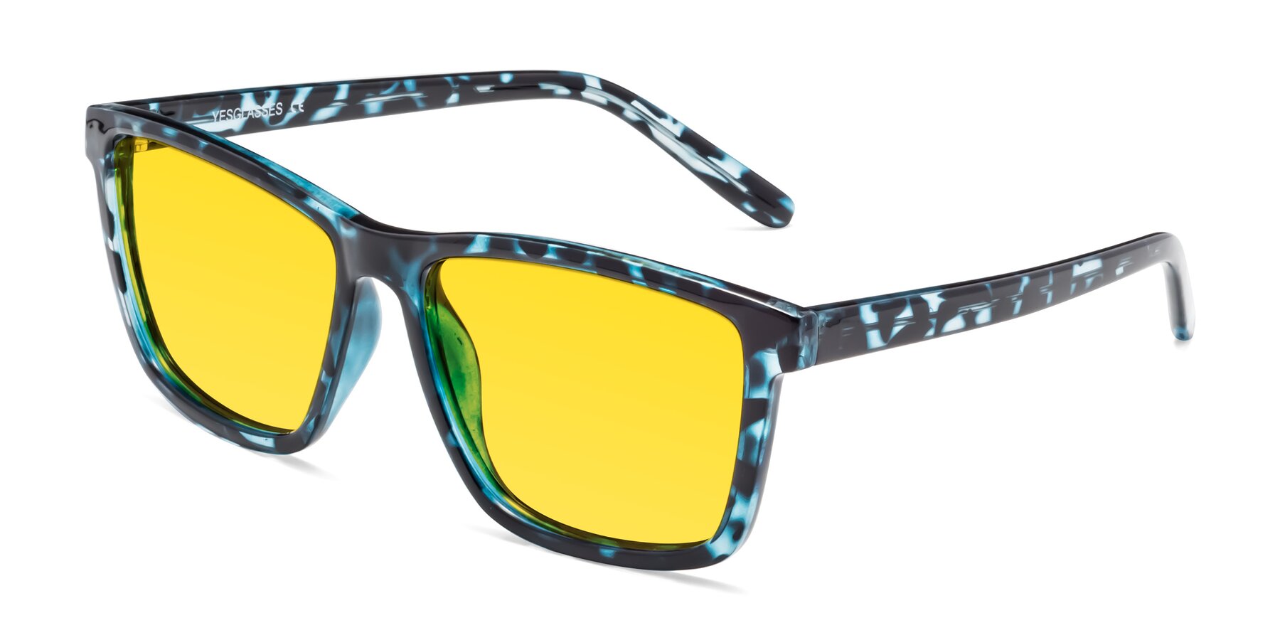 Angle of Sheldon in Blue Tortoise with Yellow Tinted Lenses
