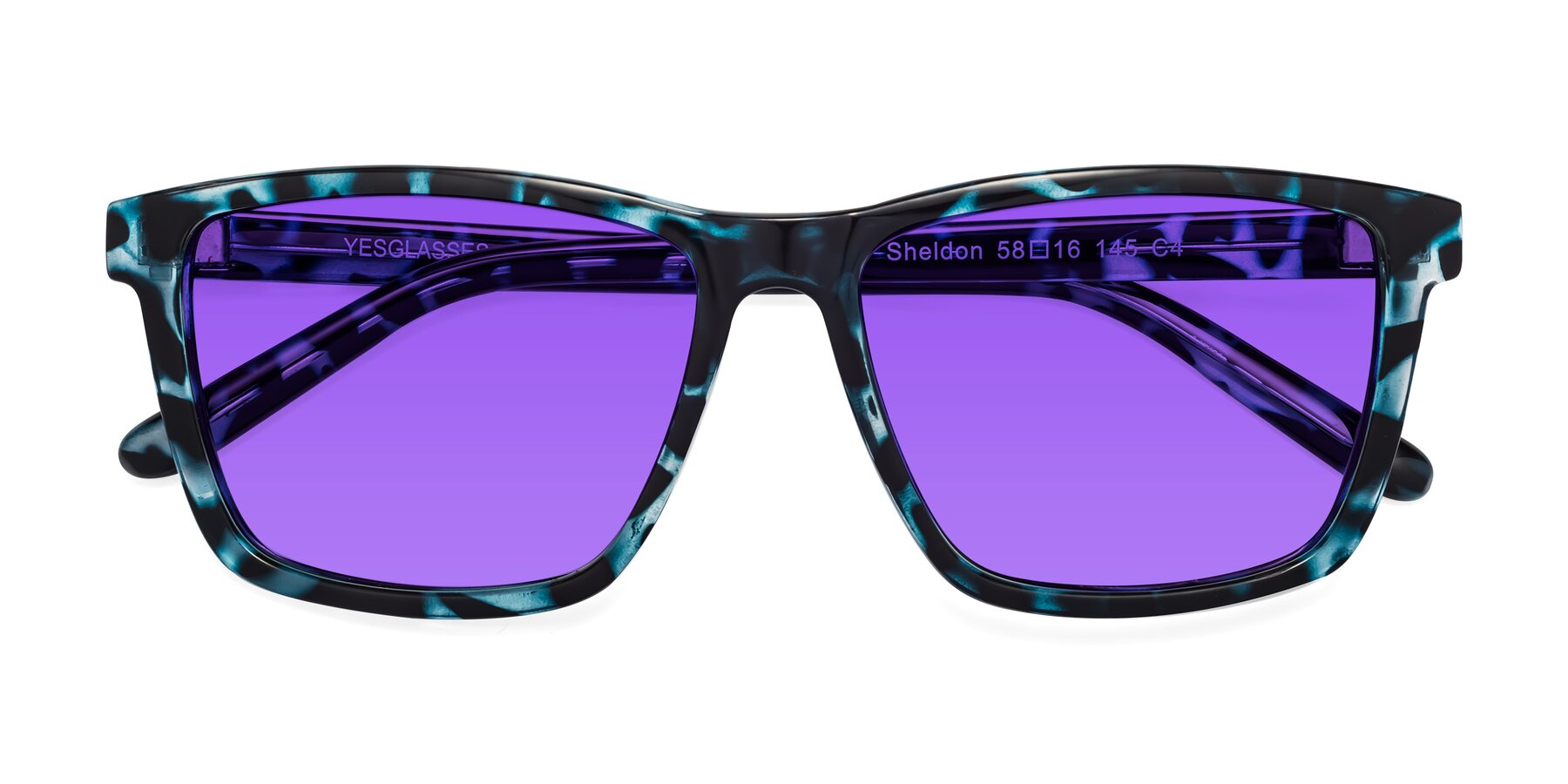 Folded Front of Sheldon in Blue Tortoise with Purple Tinted Lenses