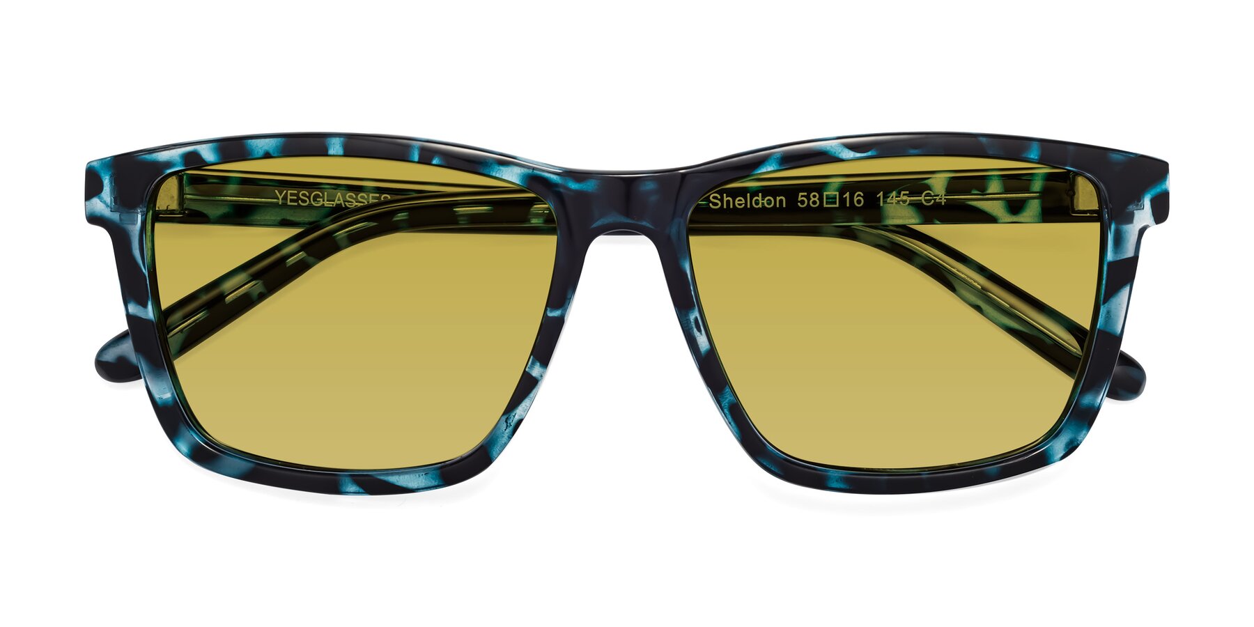 Folded Front of Sheldon in Blue Tortoise with Champagne Tinted Lenses
