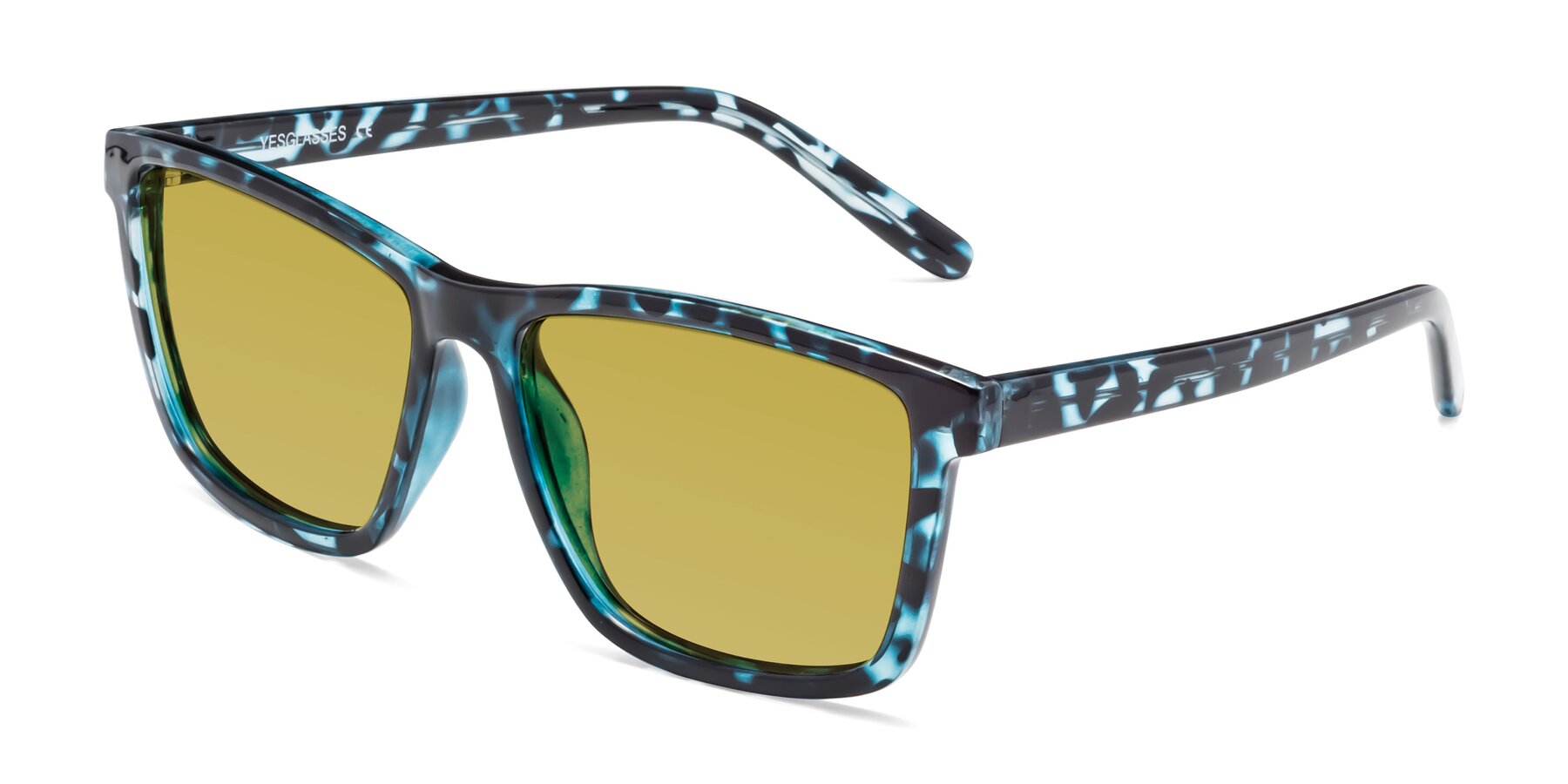 Angle of Sheldon in Blue Tortoise with Champagne Tinted Lenses