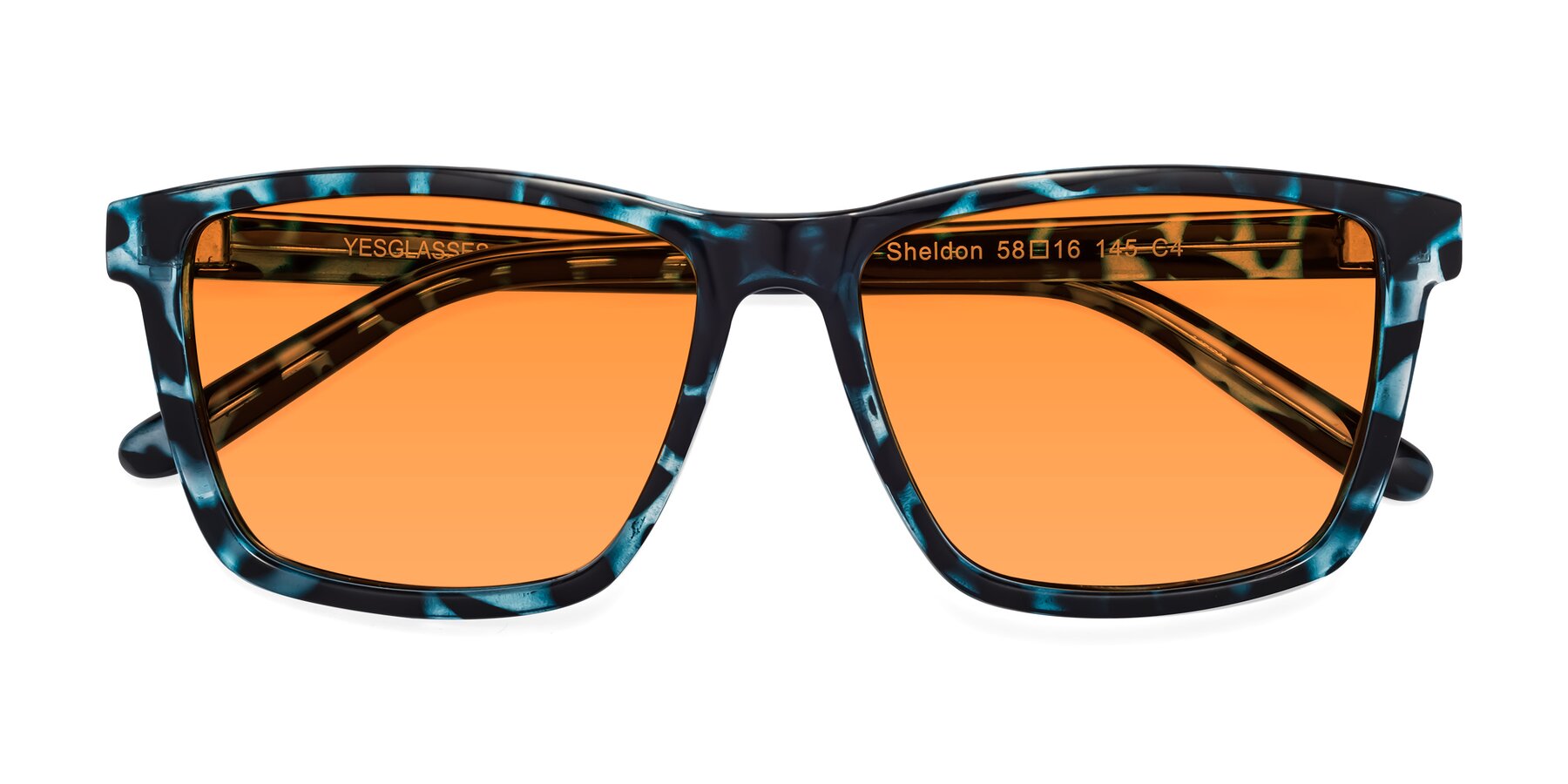 Folded Front of Sheldon in Blue Tortoise with Orange Tinted Lenses