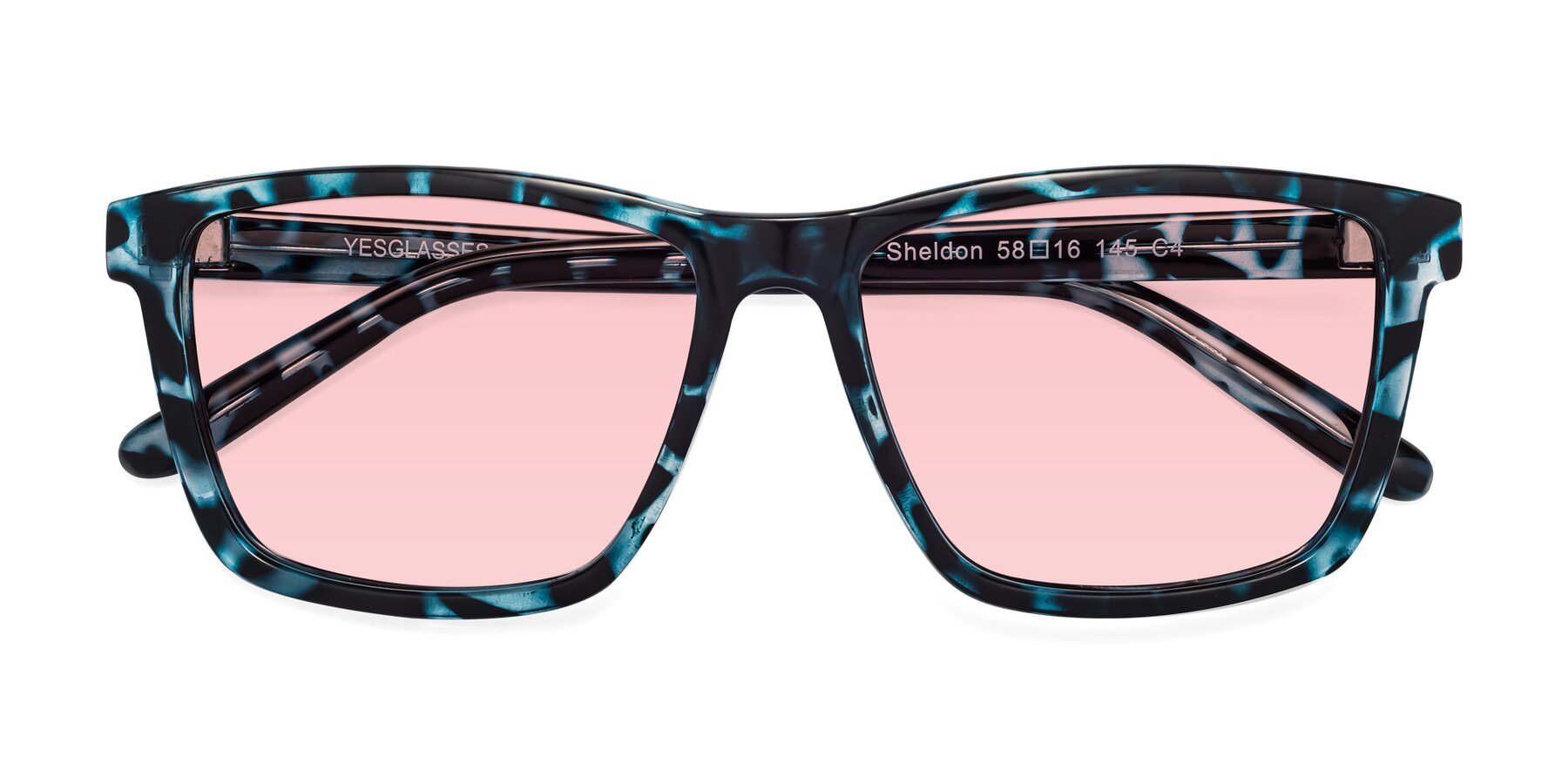 Folded Front of Sheldon in Blue Tortoise with Light Garnet Tinted Lenses