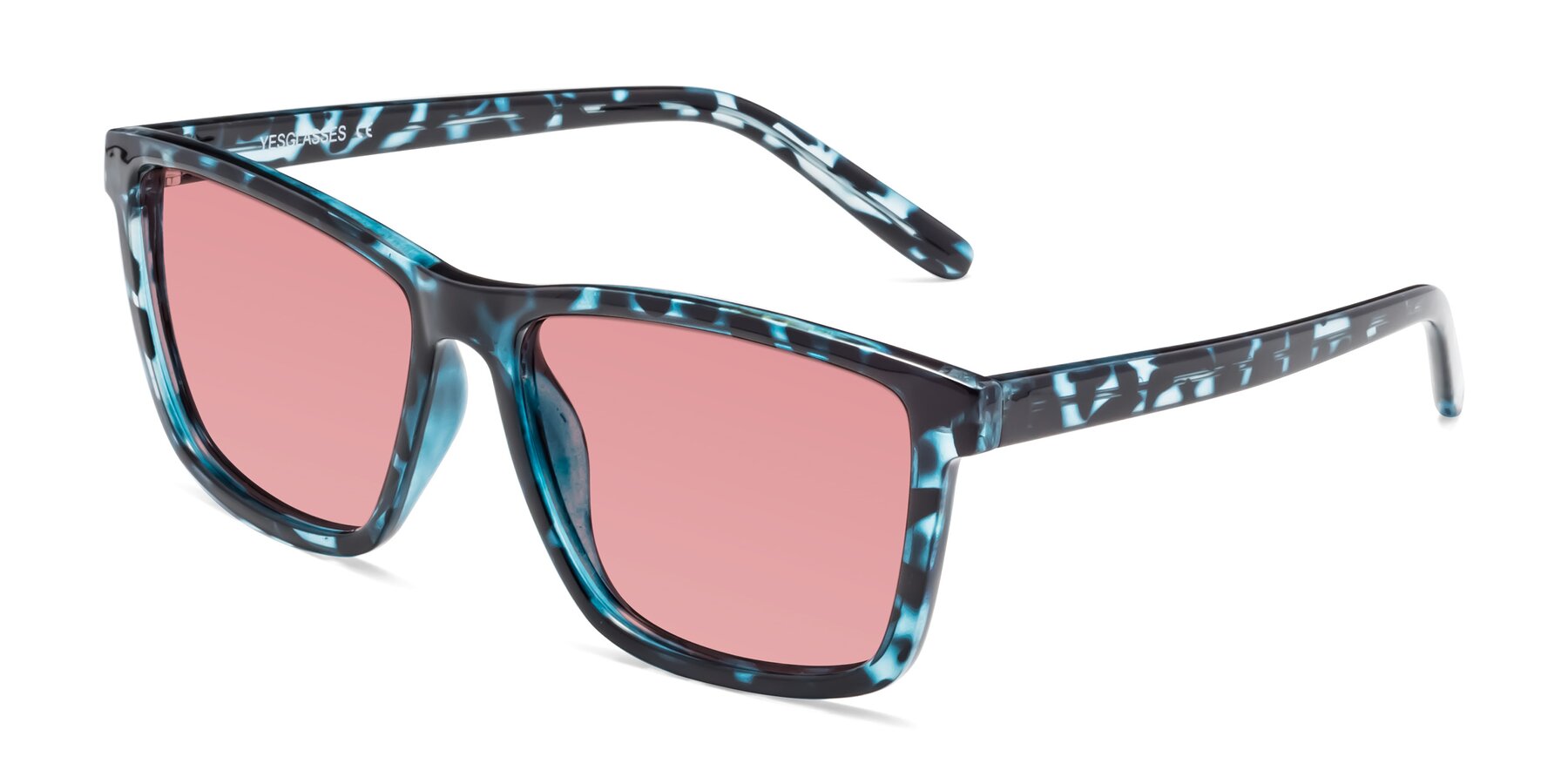 Angle of Sheldon in Blue Tortoise with Medium Garnet Tinted Lenses