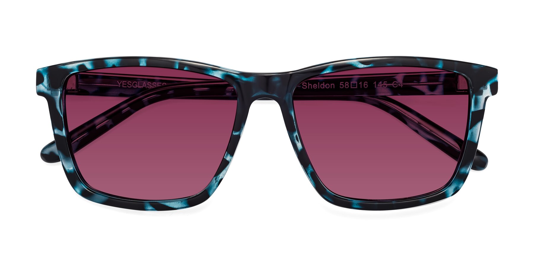 Folded Front of Sheldon in Blue Tortoise with Wine Tinted Lenses