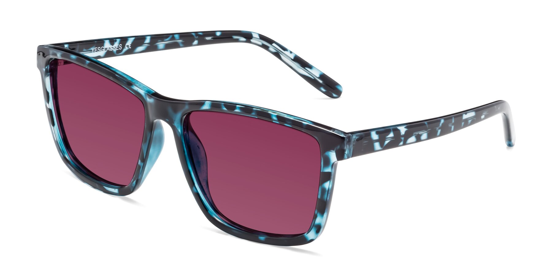 Angle of Sheldon in Blue Tortoise with Wine Tinted Lenses