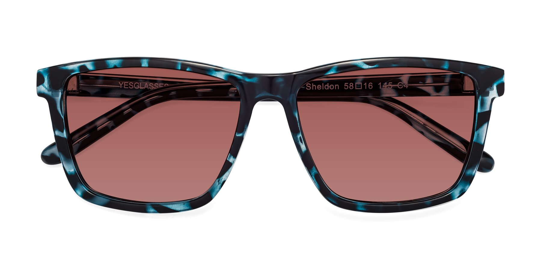 Folded Front of Sheldon in Blue Tortoise with Garnet Tinted Lenses