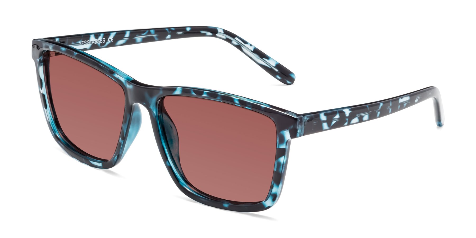 Angle of Sheldon in Blue Tortoise with Garnet Tinted Lenses