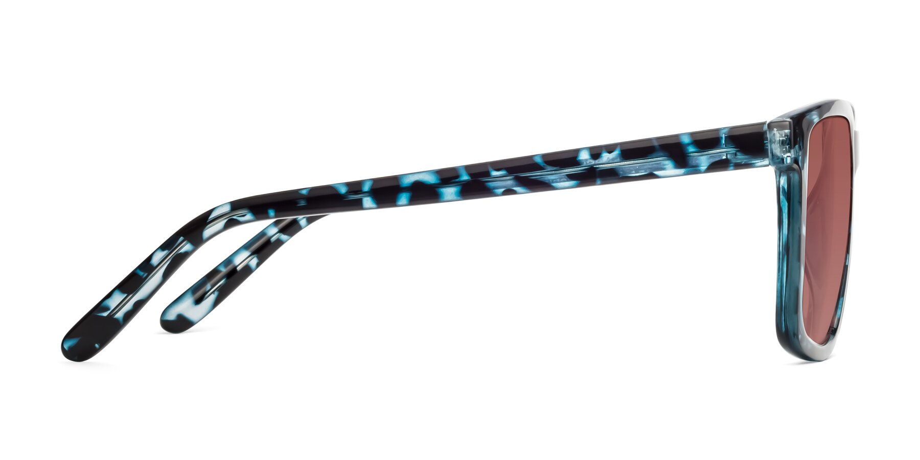 Side of Sheldon in Blue Tortoise with Garnet Tinted Lenses