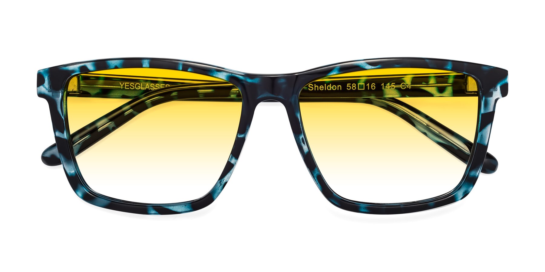 Folded Front of Sheldon in Blue Tortoise with Yellow Gradient Lenses