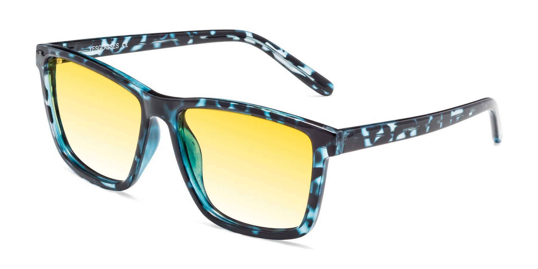 Angle of Sheldon in Blue Tortoise with Yellow Gradient Lenses