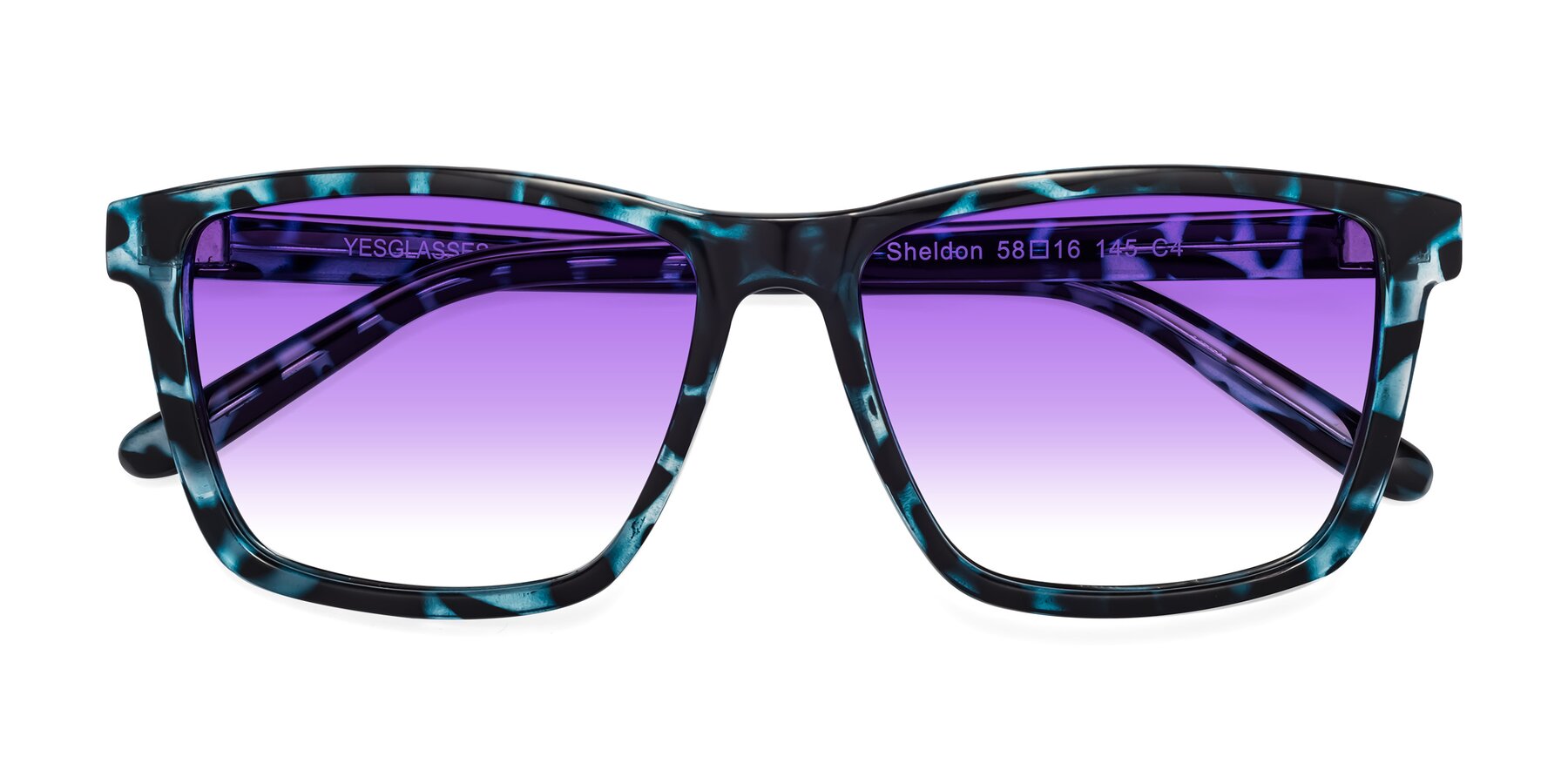 Folded Front of Sheldon in Blue Tortoise with Purple Gradient Lenses