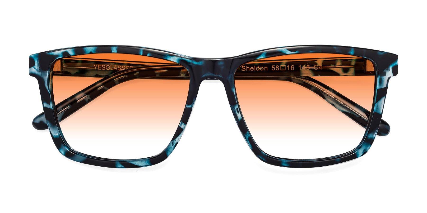 Folded Front of Sheldon in Blue Tortoise with Orange Gradient Lenses