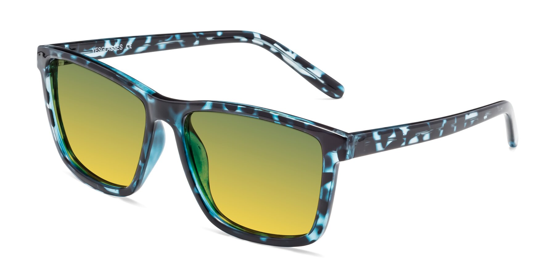 Angle of Sheldon in Blue Tortoise with Green / Yellow Gradient Lenses