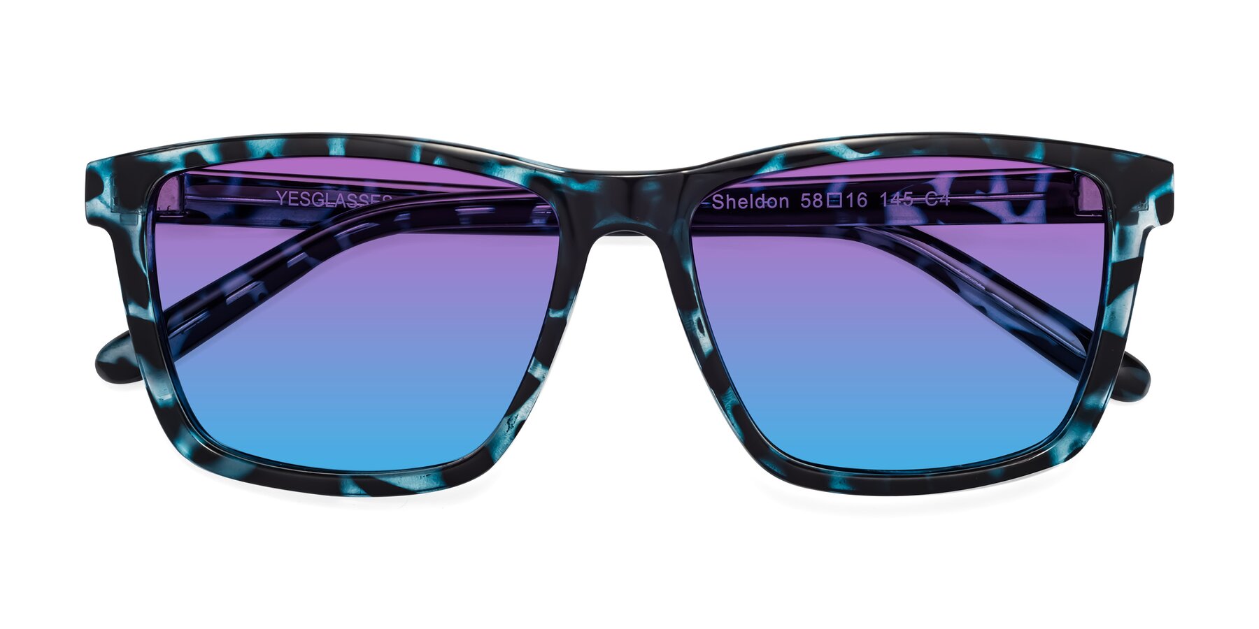 Folded Front of Sheldon in Blue Tortoise with Purple / Blue Gradient Lenses