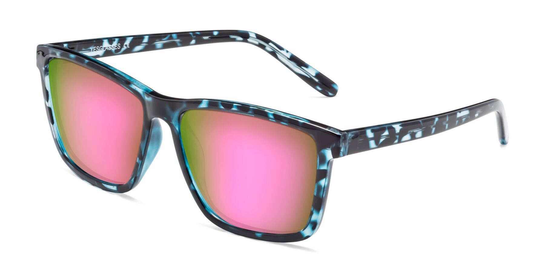 Angle of Sheldon in Blue Tortoise with Pink Mirrored Lenses