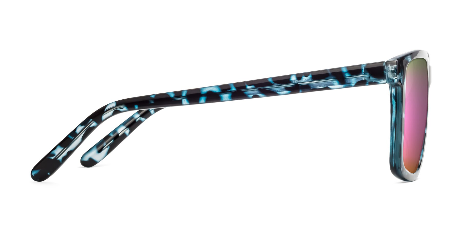 Side of Sheldon in Blue Tortoise with Pink Mirrored Lenses