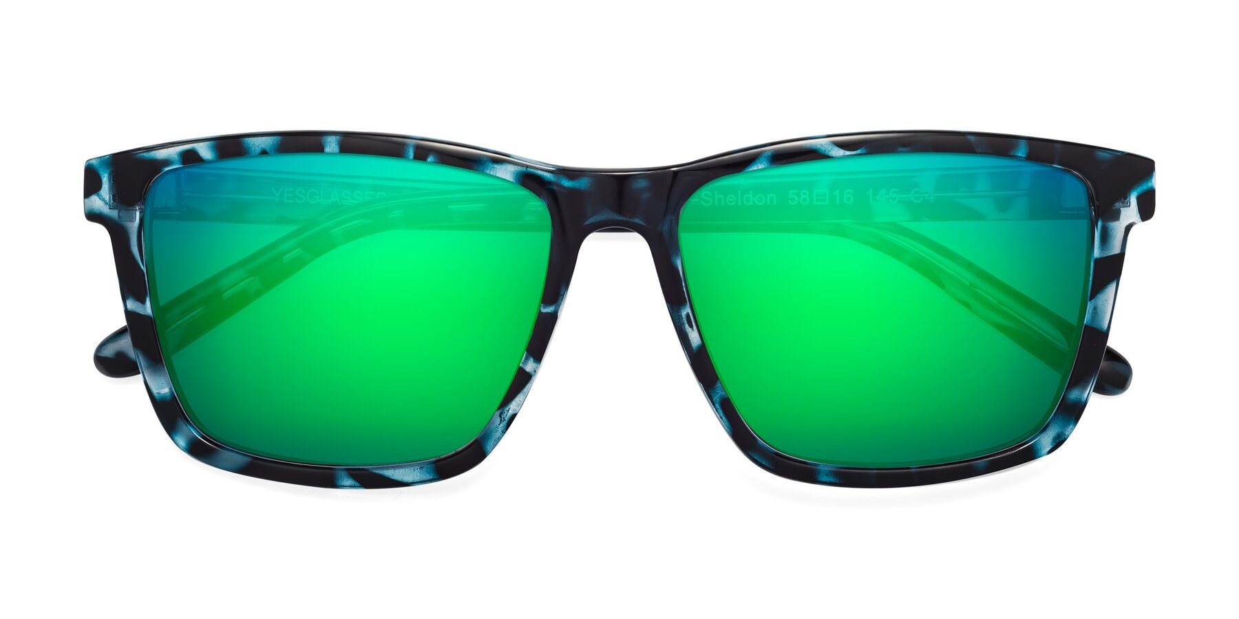 Folded Front of Sheldon in Blue Tortoise with Green Mirrored Lenses