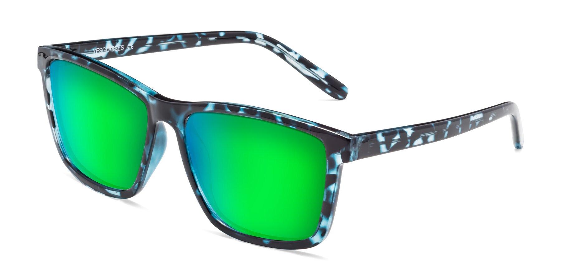 Angle of Sheldon in Blue Tortoise with Green Mirrored Lenses
