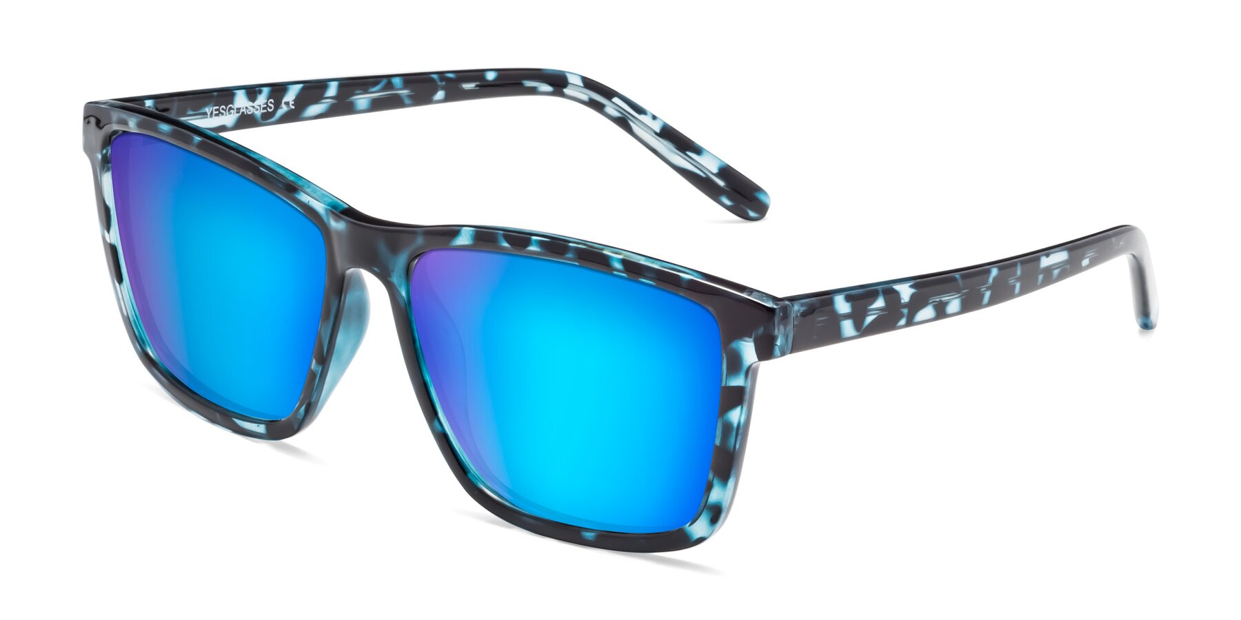 Angle of Sheldon in Blue Tortoise with Blue Mirrored Lenses